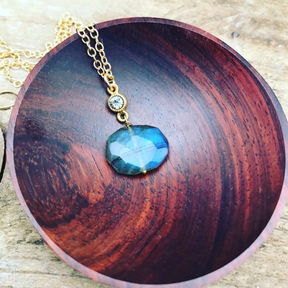 Blue Labradorite 14k gold fill necklace & Crystal